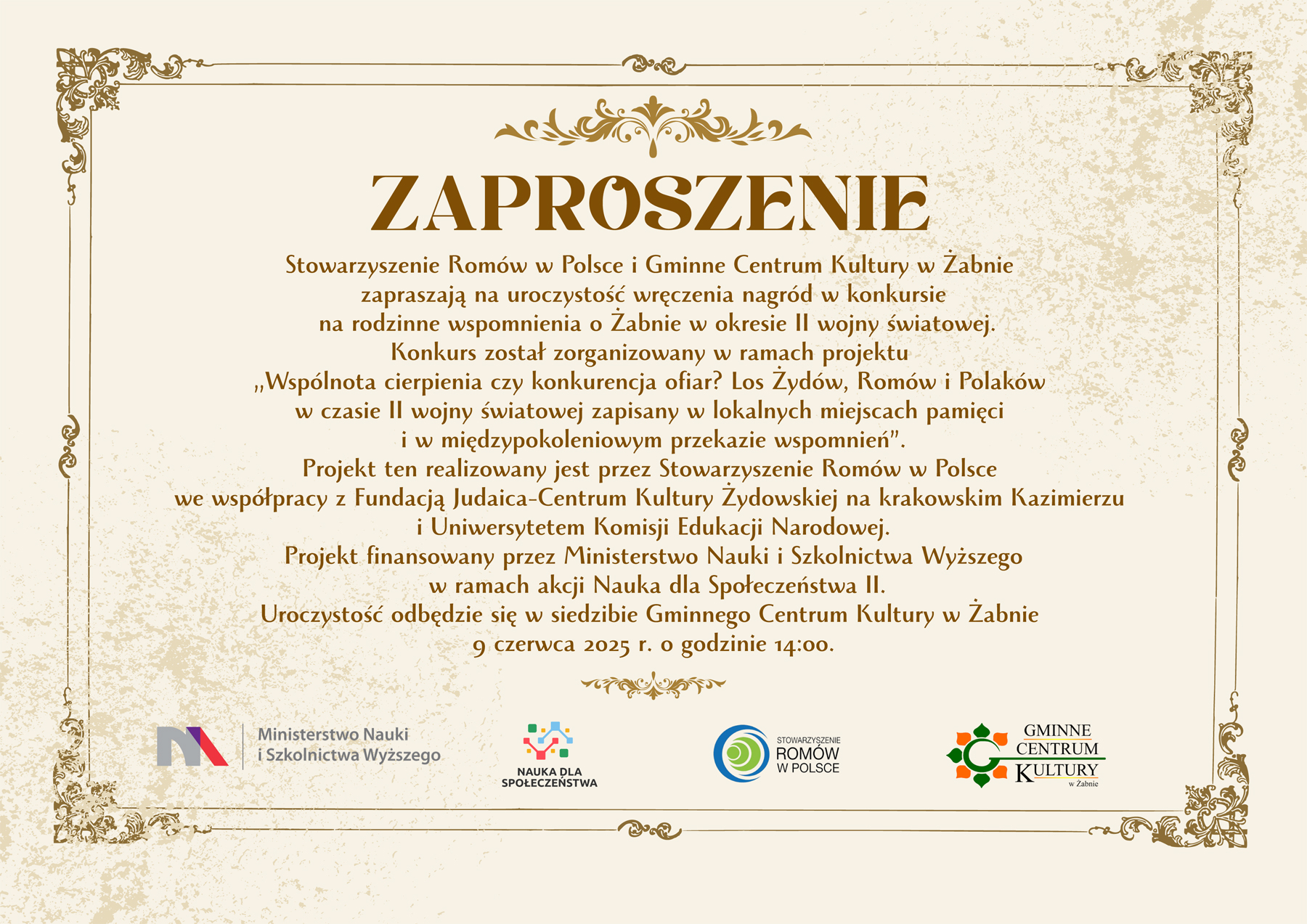 Zaproszenie Grafika zaproszenia na na uroczystość wręczenia nagród w konkursie na rodzinne wspomnienia o Żabnie w okresie II wojny światowej.